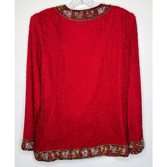 Vintage Laurence Kazer Silk beaded red formal cardigan Jacket Coat hoilday large - Picture 3 of 12